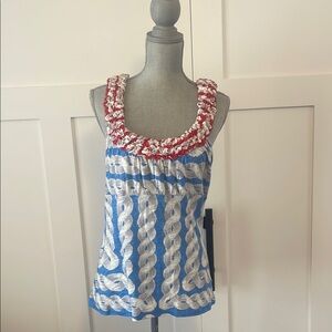 Blue and White Ruffled Sleeveless Tank Top